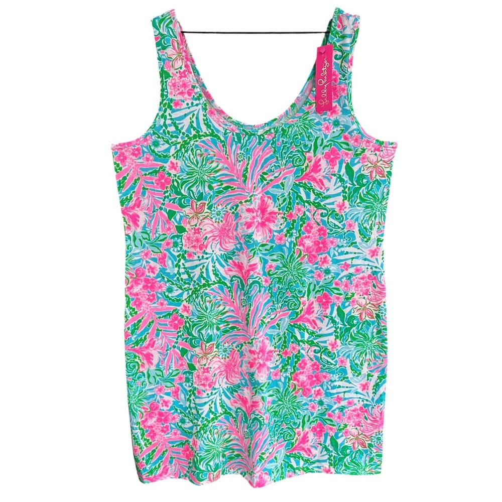 Lilly Pulitzer Newberri Tank Dress Amalfi Blue Leaf It Wild Pima Cotton XXL NEW